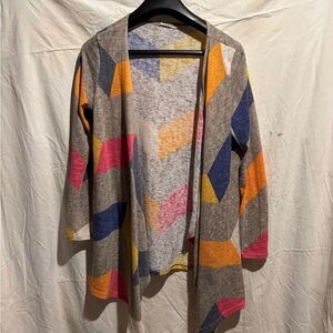 Open-Front Geometric Pattern Cardigan Sweater with Multicolor Accents